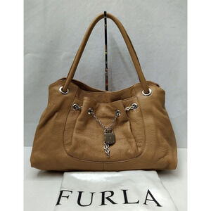 Furla Brown Tan Pebbled Leather Chain Lock Drawstring Satchel Shoulder Bag